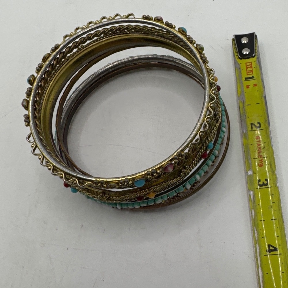 Mixed Metal Boho Bangle Bracelet Stack Filigree Beaded Turquoise Accents 8pc - Picture 6 of 7